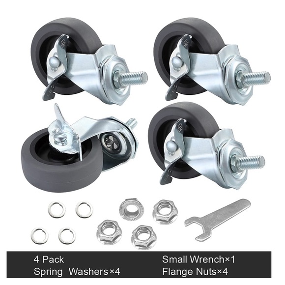 Caster Wheels, 3" Locking Swivel Casters Set of 4, 3/8"-16 x 1" - Picture 5 of 6